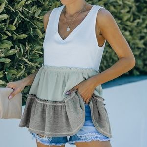 Tricolor Frill Trim V-Neck Sleeveless Top